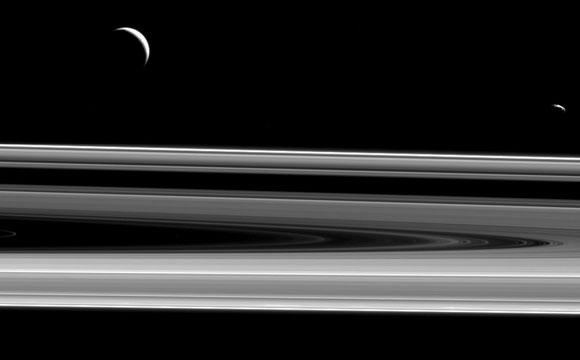 卡西尼岛观看土星的卫星enceladus和Janus