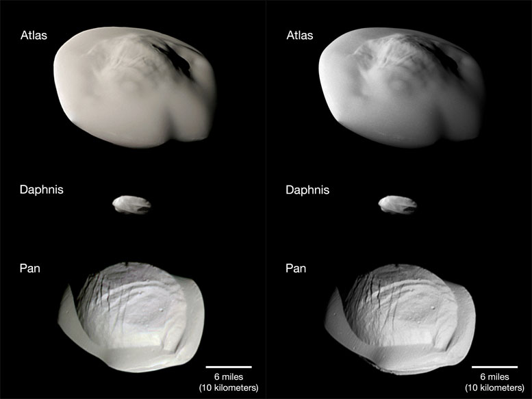 美国宇航局的卡西尼号飞船欣赏土星的三枚小环形月球
