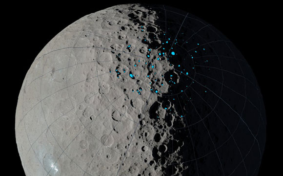 美国国家航空航天局（NASA）的黎明航天器绘制了可以积冰的谷粒陨石坑