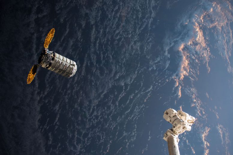 轨道ATK的天鹅座补给船接近国际空间站的图像