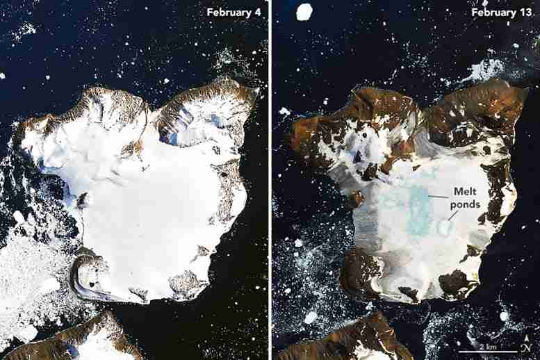 令人震惊的NASA卫星图像记录的热量导致南极洲的戏剧性融化