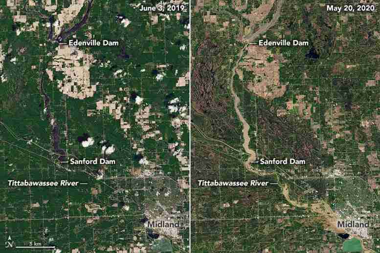 从太空看密歇根州灾难性大坝失败后的泥泞洪水