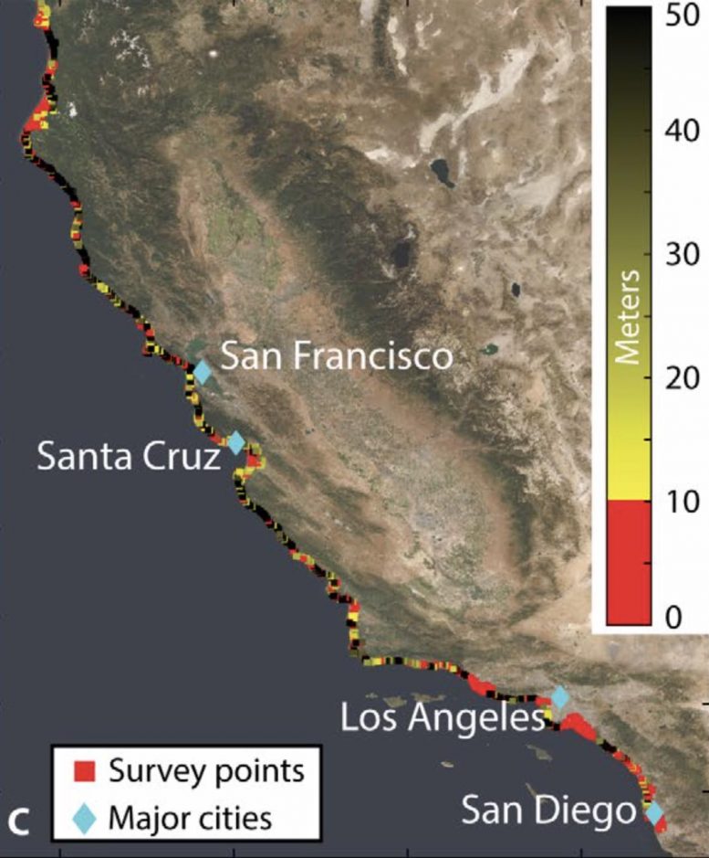 跟踪加利福尼亚山水从太空中的沉没海岸：旧金山，蒙特雷湾，洛杉矶和圣地亚哥主要受影响