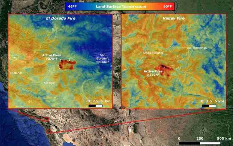 NASA的生态焦点地图周围的烧焦加州火灾